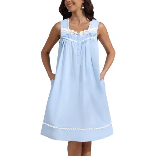 Pearl Snap Button 100% Cotton Nightgown for Women Sleeveless Short Nightgown with Pockets for Summer Sleeping