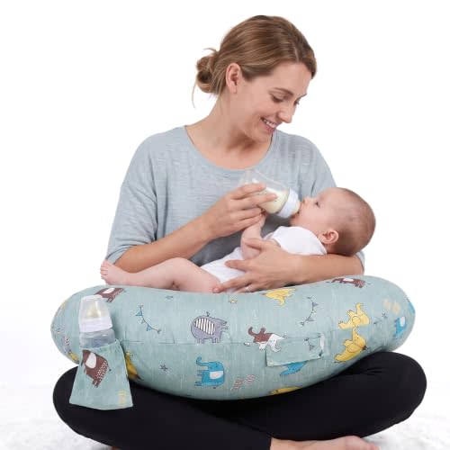 Ultra Wide Nursing Pillow, C-Shape Breastfeeding Pillow with Adjustable Waist Strap, Plus Size Breast Feeding Pillow with Side Pocket, Portable Support Pillow for Newborn Mom- Elephant