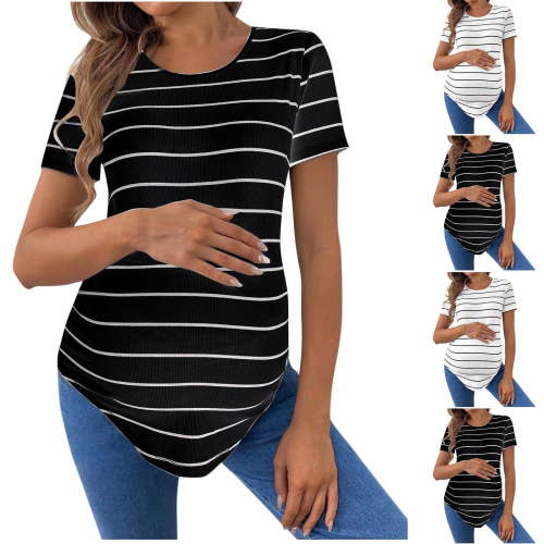 QNANSPI Maternity Shirts for Women, Nursing Tops Short Sleeve, Maternity Striped Short Sleeve Fitted Tee with Curved Hem for Everyday Pregnancy Wear