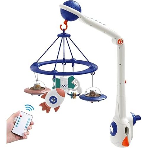 Musical Baby Mobile, Space Themed Nursery Mobile with Light Projection, Rocket and Spaceship Teether Toys, Hanging Toy Mobile for Crib