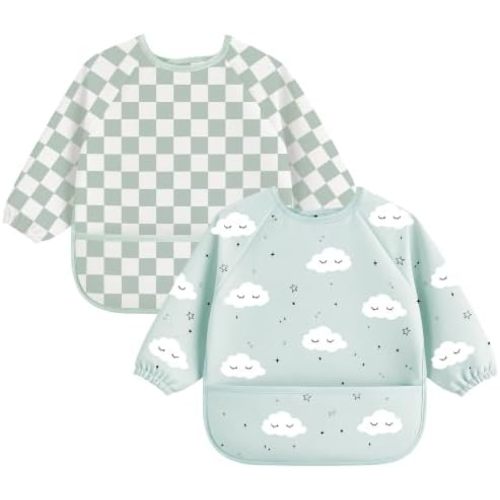 Bearmoss 2 Pack Long Sleeve Baby Bibs, Waterproof Smock Bibs for Eating