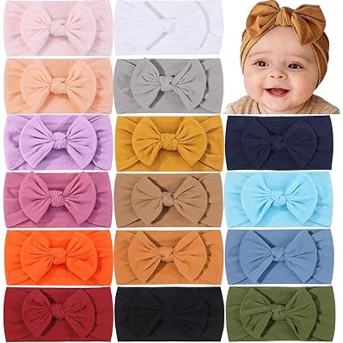 16PCS Baby Nylon Headbands Hairbands Hair Bow Elastics for Baby Girls Newborn Infant Toddlers Kids Colorful