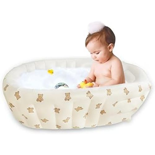 Inflatable Baby Bathtub with Built in Pump, Collapsible Safe Baby Bathtub for Newborns and Baby, Non-Slip Travel Mini Swimming Pool for Babies 0-5 Years Old - Bear