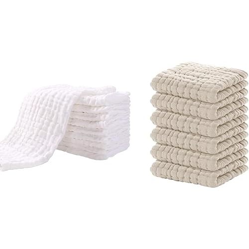 Yoofoss 10 Pack Muslin Burp Cloths for Baby 20''X10'' White & 6 Pack Muslin Baby Washcloths 12x12in (Apricot)