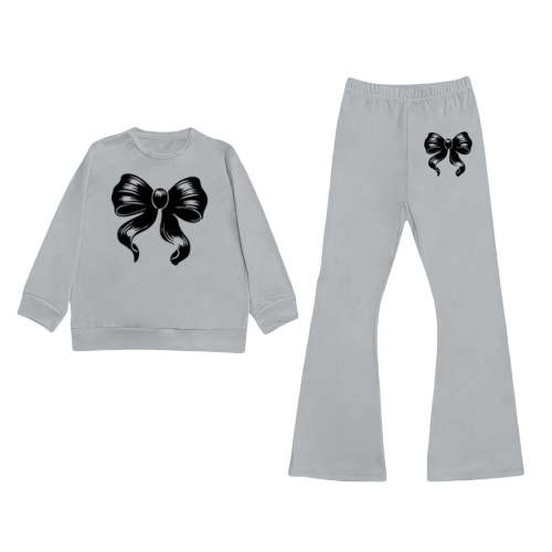 WOYY Girls Bow Crew Neck Sweatshirt and Flared Pants Outfits Cute Casual Sweatsuit for Kids, Sizes 3-10