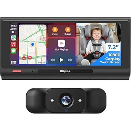 Babyvue BV7 7.2" Baby Car Camera with Carplay Split Screen and Recording, 1080P IR Night Vision Car Baby Monitor, Foldable Stand, Sleep Mode, Easy Install & Quick Pairing for Safer Driving