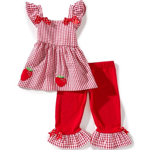 Rare Editions Baby Girls Sleeveless Strawberry-Embroidered Checked Seersucker Tunic Top & Coordinating Knit Leggings Set