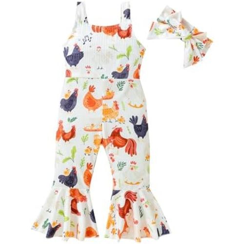 Toddler Baby Girl Farm Outfit Floral Chickens Jumpsuit Bell Bottoms Romper Flare Pants Overalls Summer Clothes