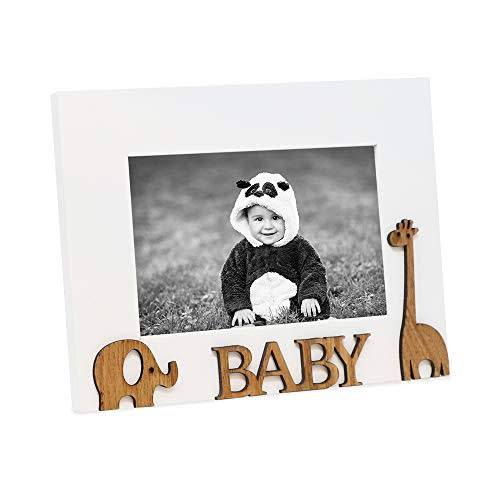 Isaac Jacobs Wood Sentiments “Baby” Picture Frame, 4x6 inch, Photo Gift for Family, Tabletop, Desktop Display & Wall Display, Animal Cutout Details (White)