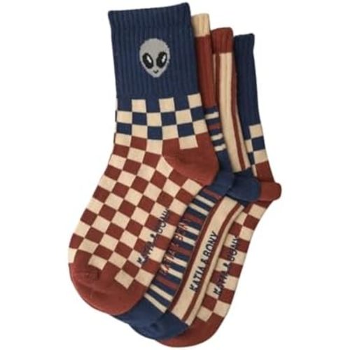 bony&katia Kids Alien Crew Socks – 4 Pairs Cotton Blend Checkered Pattern Socks, Ribbed Cuff, Navy Blue Brown Cream