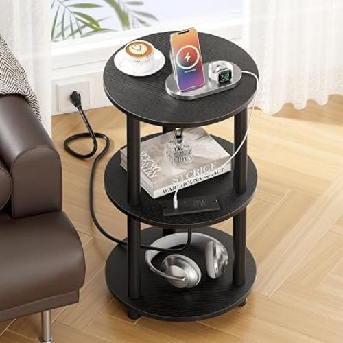 Side Table with Charging Station, Round End Table Tool‑Free Assembly for Living Room, Black Accent Table Couch Bedroom Small Spaces, Small Round Side Table Nightstand, Sturdy Sofa Table