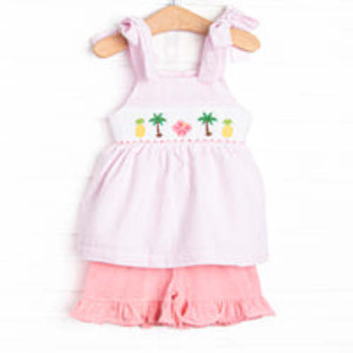 Tulum Tropics Smocked Short Set, Pink Seersucker – Stitchy Fish