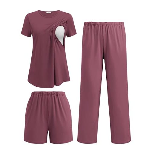 Ekouaer 3 Piece Maternity Pajamas Set Postpartum Nursing Short Sleeve Breastfeeding Sleepwear Pregnancy Shorts & Pants Pjs