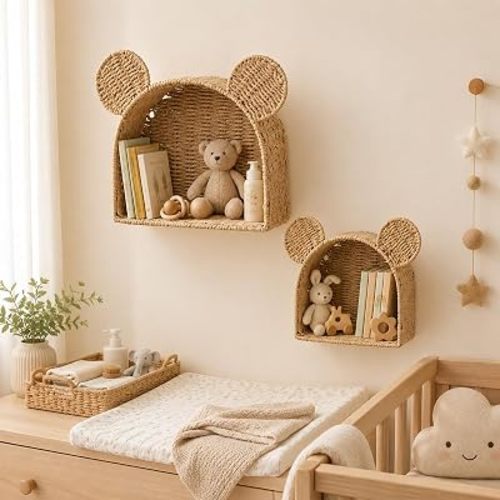 AQQHSAIN 2 Pcs Bear Nursery Wall Shelf Decor 2 Sizes Boho Rattan Wicker Floating Shelves Wall Mounted Handwoven Hanging Storage Basket for Bedroom Bathroom Living Room (Bear)