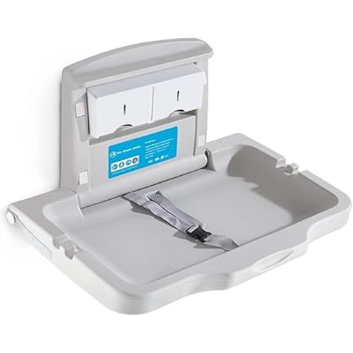 Baby Changing Station Wall Mounted Baby Changing Table Foldable Diaper Changing Unit Commercial Restrooms Horizontal HDPE Meterial with Safrty Strap White Gray