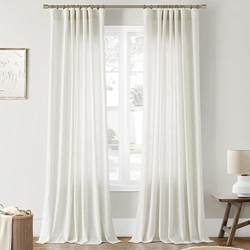 Joywell Natural Linen Cream Sheer Curtains 84 Inches Long for Living Room Bedroom Hook Belt Back Tab Pinch Pleated Light Filtering Ivory White Neutral Boho Modern Farmhouse Linen Drapes 2 Panels