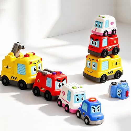 iPlay, iLearn Baby Stacking Nesting Car Toy, Toddler Montessori Vehicle Set | 4 in 1 Infant Push Go Car, Magnetic Crawling Sensory Toy w/ Light Sound, 1st Birthday Gift for 18 Month Ages 2 3 Boy Girl Kid