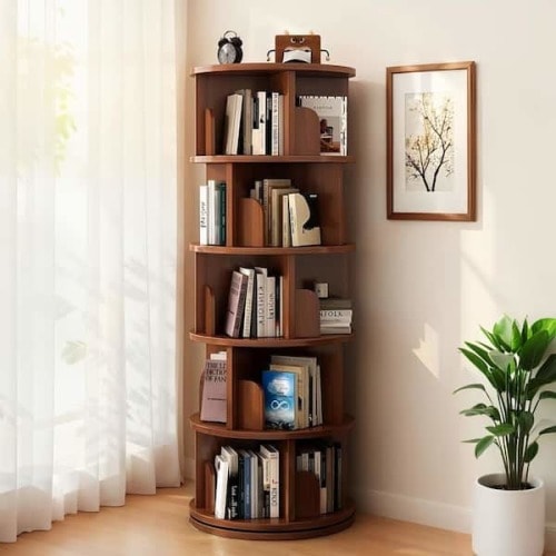 Pamela 360° Rotating 61.8 in. Tall Walnut MDF 5-Shelf Corner Bookcase Display Bookshelf with Baffle Design