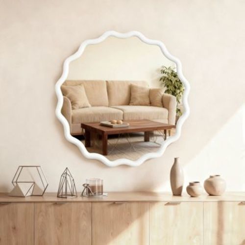 PexFix 30" Wavy Round Solid Wood Frame Decorative Mirror Modern Farmhouse Wall Mirror For Bedroom Bathroom Living Room Entryway White