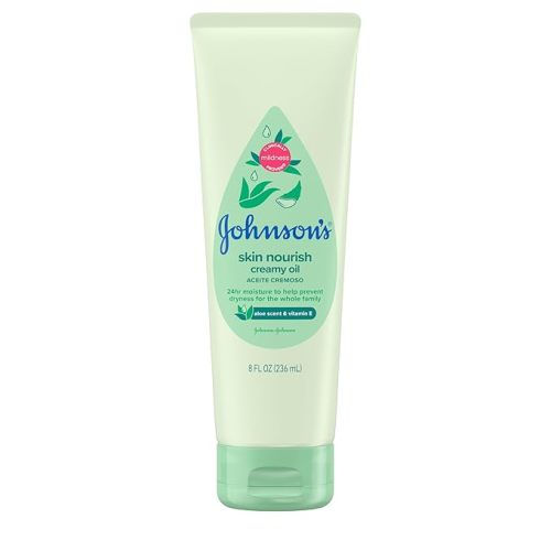 Johnson's Skin Nourish Creamy Oil, Aloe Scent & Vitamin E, Creamy Oil Helps Prevent Dryness & Moisturizes Baby's Delicate Skin for 24 Hours, Hypoallergenic & Non-Greasy, 8 fl. oz