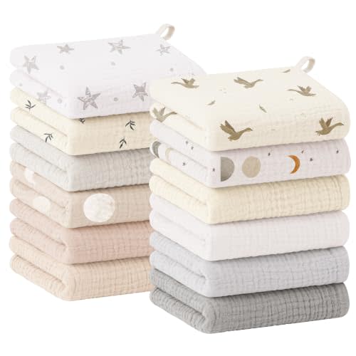 Bearmoss 12 Pack Baby Muslin Washcloths, 100% Cotton 10"x10" Face Towels | Soft Absorbent Bath Wash Cloths and Burp Cloths for Newborn Infants Kids Girls & Boys (Apricot)