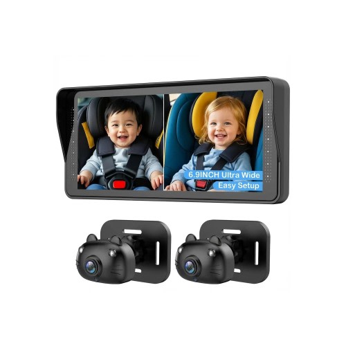 Dual Baby Car Camera 2 Kids 7.0'' Split Screen Ultrawide 1080P AHD Display Waterproof Easy Setup Rotatable Night Vision SafeView Angle: 150°, Color: Black, Resolution: 1920*1080