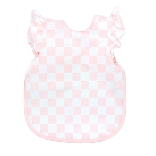 BapronBaby Pink Flutter Checkerboard Bapron - No Neck Tie Safer Bib for Baby & Toddler - Soft Waterproof Stain Resistant - Machine Washable - Sz Baby/Toddler 6m-3T