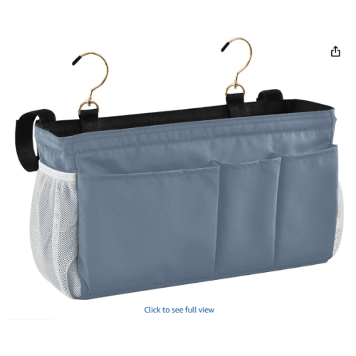 Dusty Blue Bedside Caddy for Dorm Bed Recliner Armrest Organizer with Hooks Hanging Holder