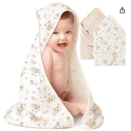 Konssy 2-Pack Muslin Hooded Baby Towels, 100% Cotton, Ultra-Soft & Absorbent Baby Bath Towels with Hood for Newborn & Infant (Cream, Blossom,32" x 32")