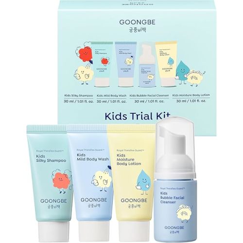 GOONGBE Kids Travel Toiletry Set – 4-in-1 TSA Carry-On Kit with Shampoo, Body Wash, Face Cleanser (Sunscreen Removal) & Lotion, Silicone-Free Low pH for Sensitive Skin1oz Each