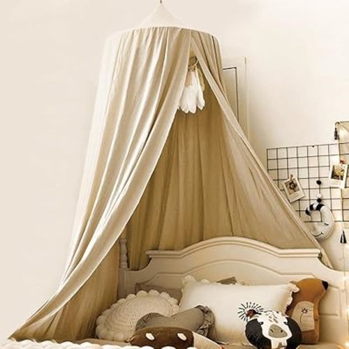 Bunnikins & Clover Bed Canopy for Girls Boys Bedroom Decor, Round Dome Mosquito Net for Baby Crib, Nook Castle Game Tent Nursery Decoration for Child, Play or Reading (Khaki)