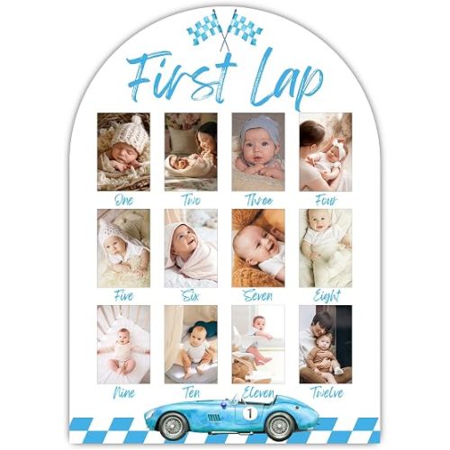 Blue First Lap My First Year Photo Board, Blue Racing Car Baby Milestone Signs for Boys Girls Nursery Decor, 12 Month Wooden Picture Board Frame for 2x3 Photos, Best Baby Keepsake Gifts-B12