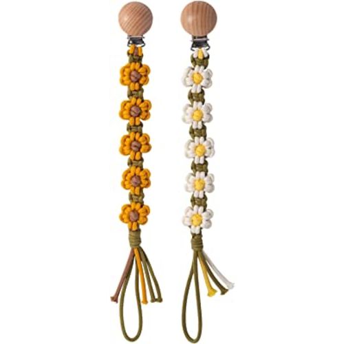 Pacifier Clip for Boys Girls Flower Daisy Macrame Pacifier Holder Leash Boho Wooden Clips Handmade Braided Cotton Paci Clip Baby Shower Birthday Gift