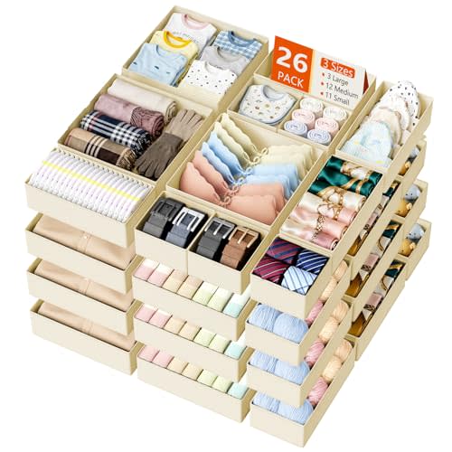 DIMJ Drawer Organizer Clothes - 26 Pack Closet Drawer Organizer Bins for Baby Clothes Storage, Fabric Dresser Organizer for Nursery Bedroom, Foldable Small Drawer Dividers for Underwear Socks