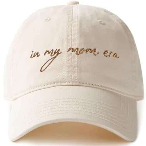 in My Mom Era Hat - Beige Baseball Cap for Moms, High Ponytail Hole, Minimalist Design, Mothers & New Mom Gifts
