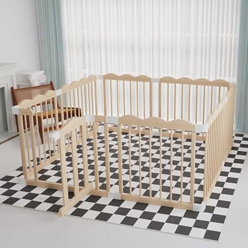 Wooden Baby Playpen 50x65x24In Adjustable Play Yard with Lock Gate