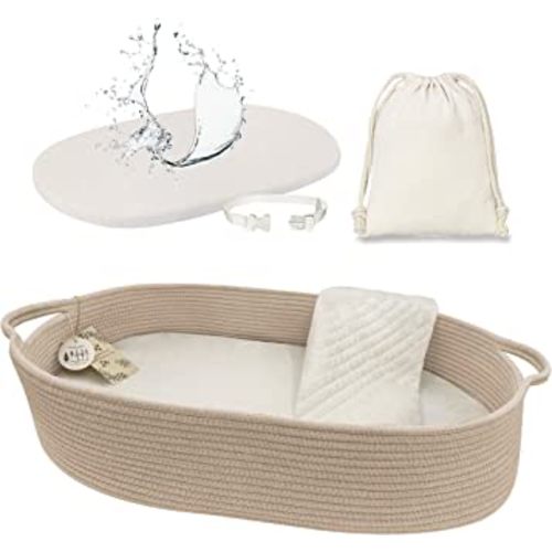 meloom Baby Changing Basket with Pads and Safety Belt- 100% Cotton Boho Baby Moses Basket Changing Table and Thick Pad with Waterproof Mattress Cover, Nursery Decor in Taupe Color with Storage Bag