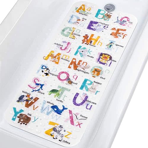 Topotdor Baby Bath Mat for Tub for Kids, 40 X 16 Inch Extra Long Toddler Bathtub Mat Non Slip, Machine Washable Bathroom Shower Floor Mat with Suction Cups & Drain Holes, Alphabet Animal
