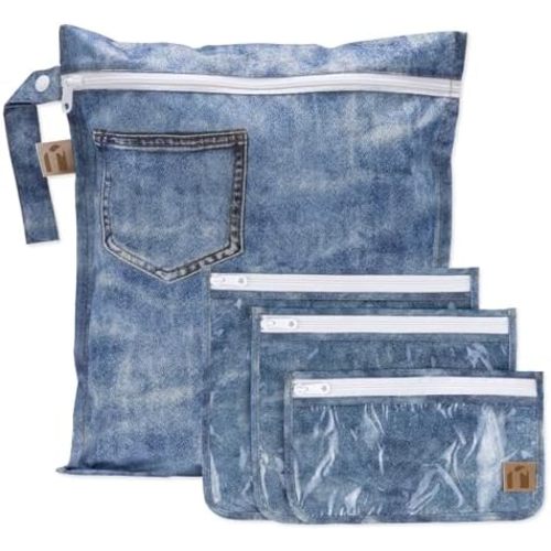 Bumkins Roamio Wet Bag and 3-Pack Clear-Sided Travel Pouches, Waterproof Fabric Organizer for Toiletries, Gym Clothes, Swim Gear, Shoes, Accessories, TSA Compliant Packing Set, Faux Denim 4-pc Set