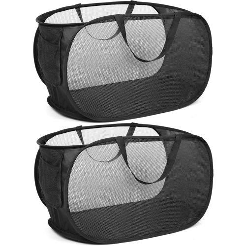 Durable Collapsible Laundry Baskets, Mesh Pop Up Laundry Hamper with Side Pocket, Foldable Clothes Hamper with Reinforced Carry Handles for Laundry, Bathroom, Kids Room, Dorm or Travel 2 Pack Black