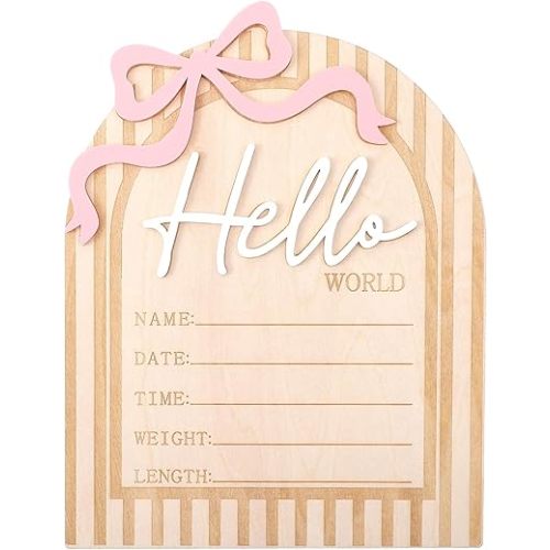 Hello World Newborn Sign, 5.7 x 7.3 Inch Wooden Baby Announcement Sign Pink Bow Birth Welcome Board for Newborn Boys Girls Photo Props Baby Shower Hospital Nursery