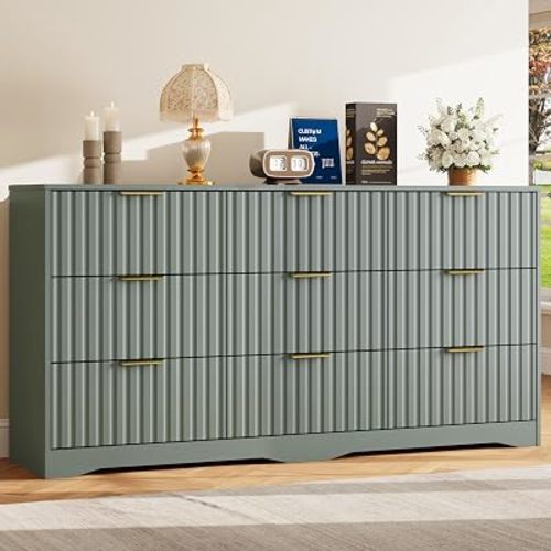 Fluted 9 Drawers Dresser for Bedroom, 63" Wide Wood Dressers, Green