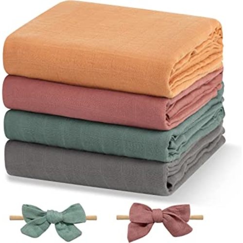 Papablic Muslin Swaddle Blankets, 4-Pack Soft Silky Swaddle Blankets for Boys and Girls, Bamboo & Cotton Newborn Receiving Blanket with 2 Hair Bows, Solid Color, Large 47 x 47 inches