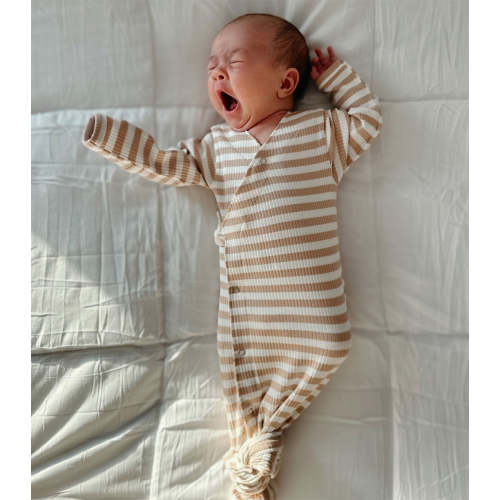 Tan Stripe / Organic Ribbed Kimono Knot Gown