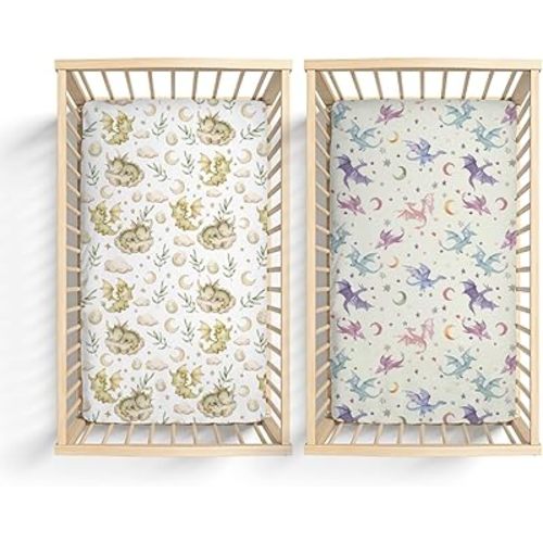 2 Pack Watercolor Dragons Clouds Moon Stars Leaves Pattern Baby Sheets for Crib, Unisex Dragon Nursery Fitted Bed Sheet for Boys Girls Standard Crib and Toddler Mattress-28x52