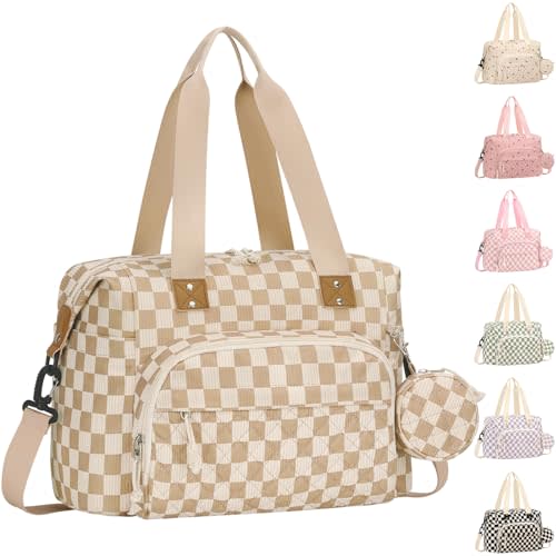 Tenot Corduroy Diaper Bag Tote, Baby Bag Travel Diaper Tote Bag with Pacifier Case, Large Baby Diaper Bags for Women, Ctue Diaper Bags For Baby Girl Boy Mom Maternity Hospital Bag, Khaki Checkered