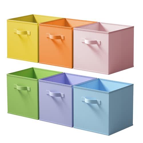 Cupic Cupid 6-Pack 11x11 Cube Storage Bins, Fabric Bins, Pastel Colors | Foldable, Reinforced Front Handle, Holds Toys, Stuffed Animals, Clothes and More, Fits Shelves, Playroom, Nursery, Cubby