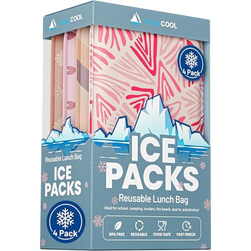 RIDGECOOL Slim Ice Packs for Lunch Boxes and Coolers, 4 Pack Reusable Gel Freezer Packs with Cute Floral Designs, BPA-Free Food Safe Non-Toxic Cold Packs, Long Lasting Ice Packs for Kids, 4.5 x 6 In