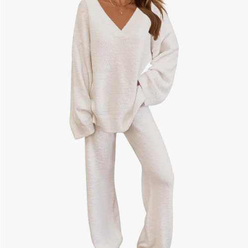 MEROKEETY Women's 2 Piece Outfits Fuzzy Fleece Pajama Set Long Sleeve Top Wide Leg Pants Loungewear