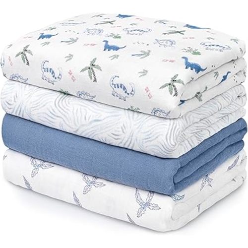 GLLQUEN BABY Muslin Swaddle Blankets 4-Pack Breathable Receiving Blankets (35" x 40") Soft Baby Blankets for Girls and Boys Newborn Essentials Muslin Burp Cloths Swaddle Wrap Baby Gift(Dinosaur)